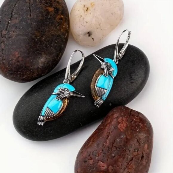 Artisan Jewelry - NEW Meadowlark Turquoise Blue Enamel Bird Pewter Drop Earrings